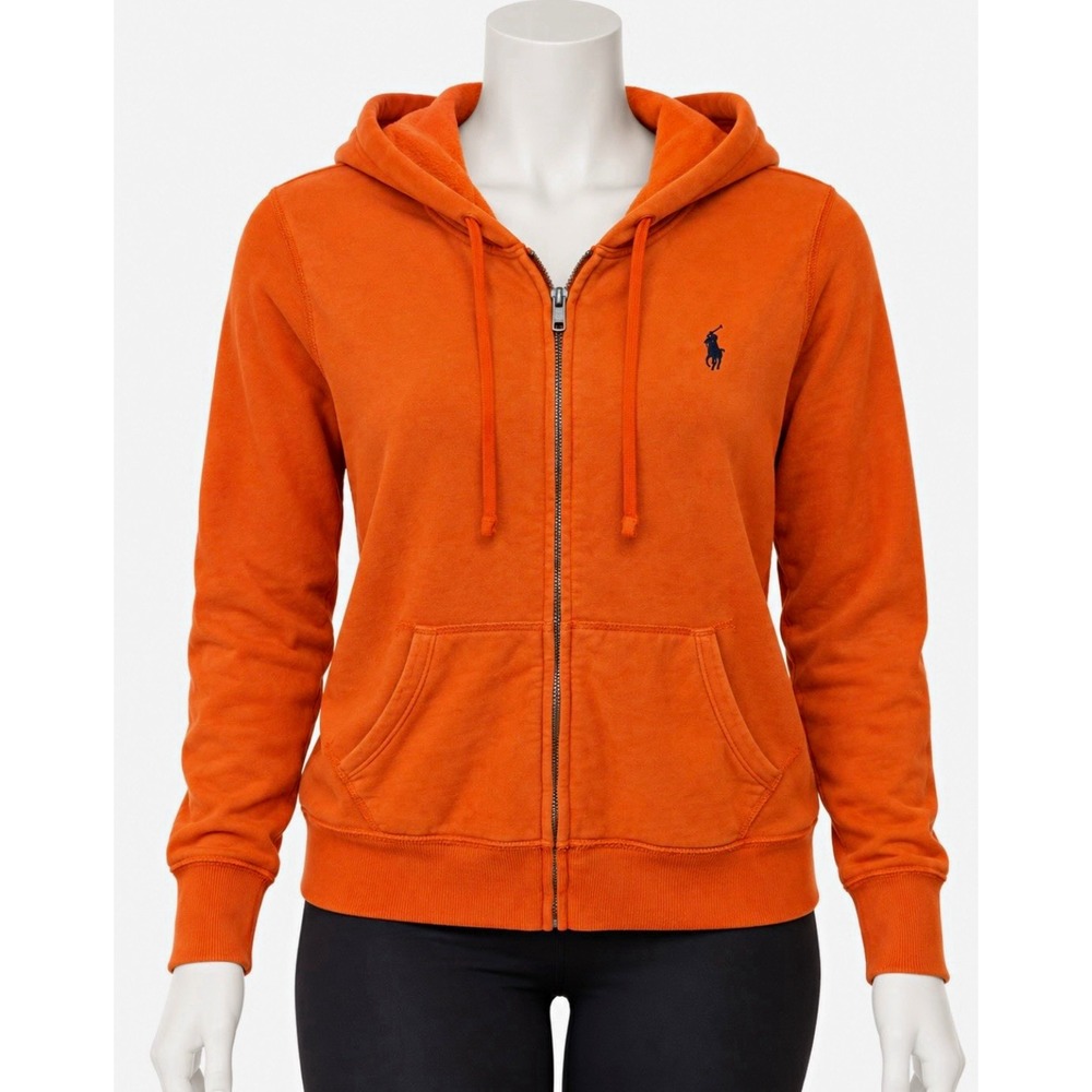 POLO RALPH LAUREN Women's Orange Full Zip Hooded Logo Hoodie w/ Pockets S